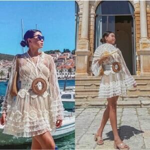 Alexis Perlina Ivory Lace Embroidered Swiss Dot Ruffled Sheer Mini Dress Small